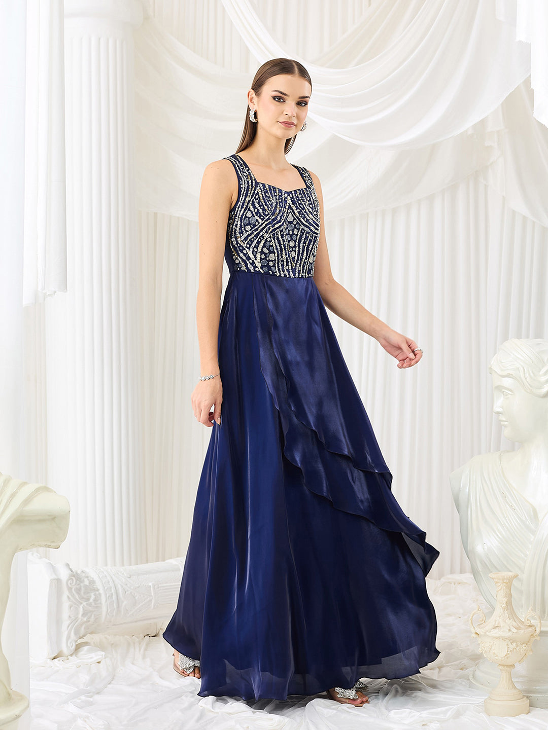 Sleeveless Navy Blue Gown in Embroidered Layered Premium Satin for Women