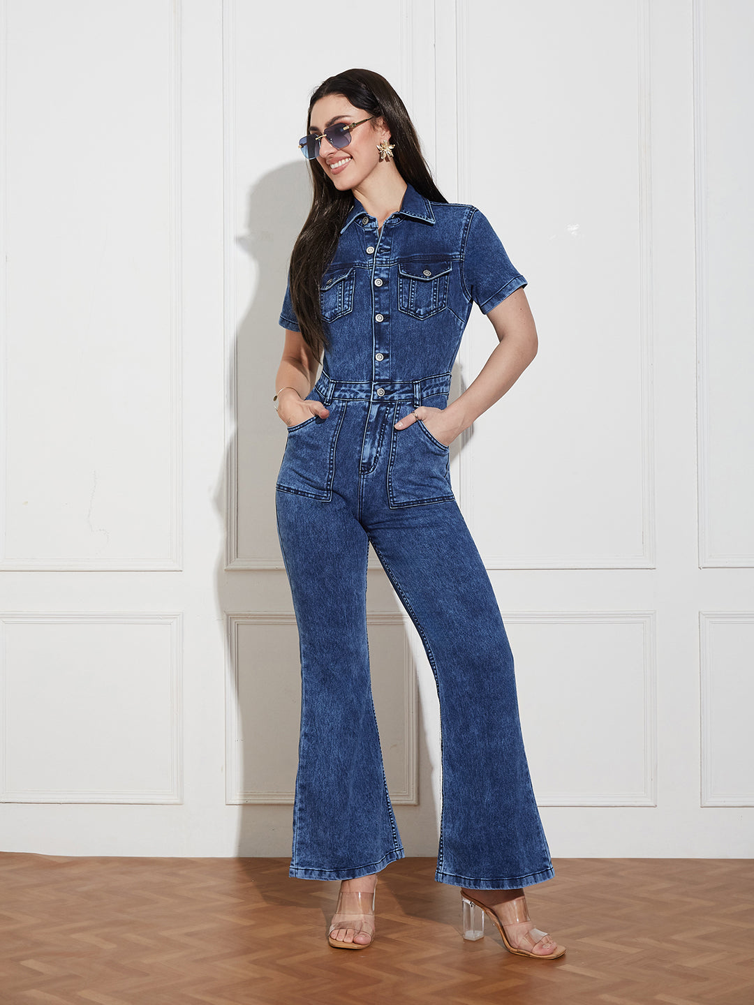 Women's Black Flared High Rise Regular Stretchable Denim Jumpsuit