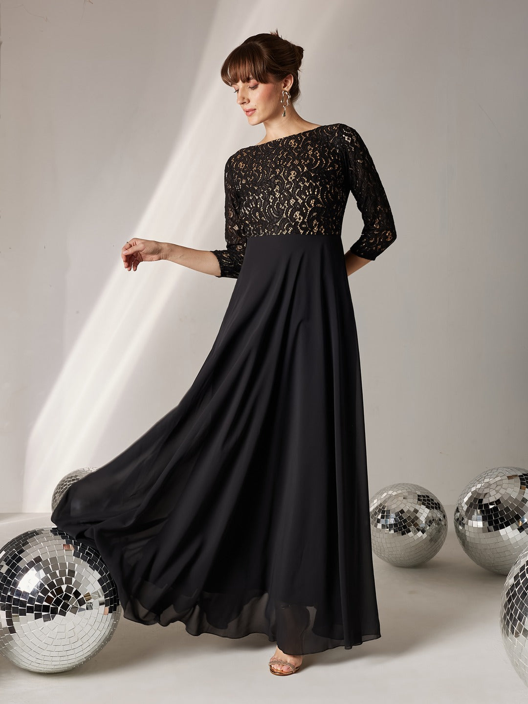 Black Self Design Boat Neck 3/4 Sleeves Side Pocketed Georgette Fit and Flare Maxi Length Dress for Women