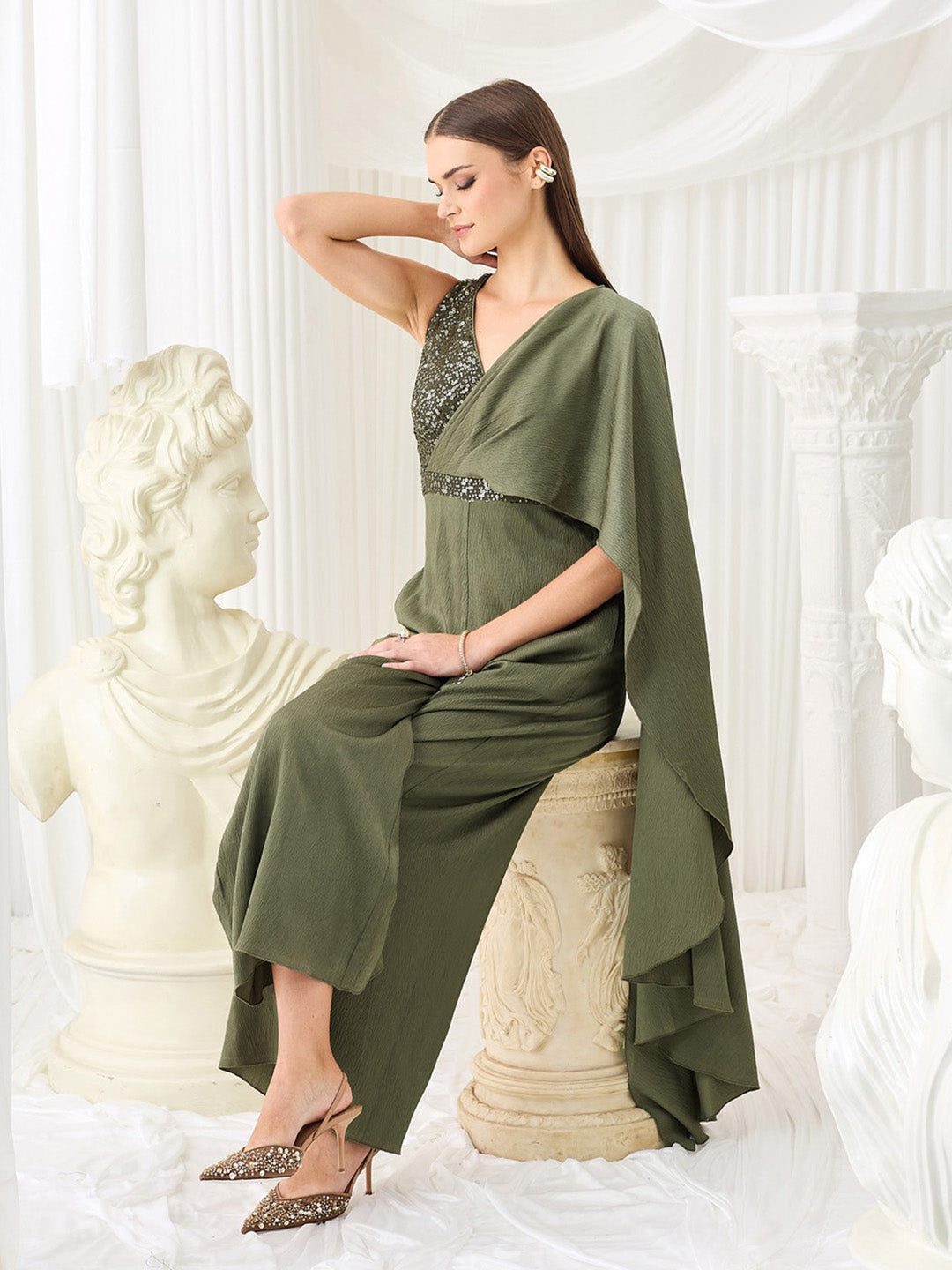 Embellished Satin Jumpsuit in Pale Olive with Draped Pleats for Women