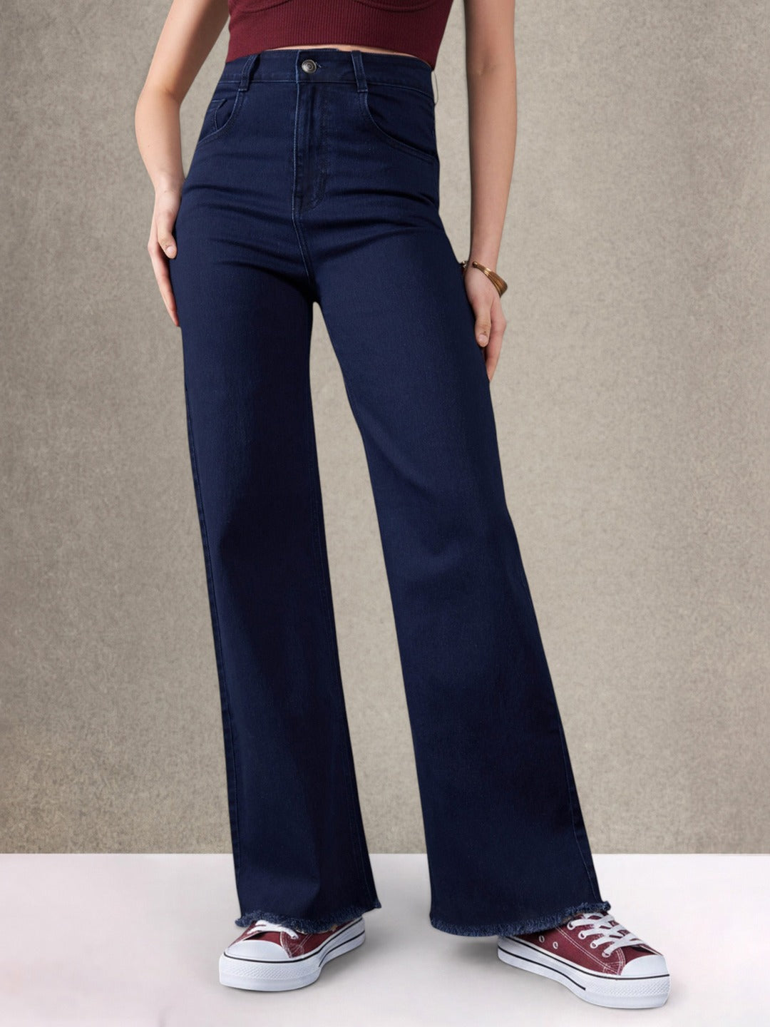 Navy Blue Wide-Leg High-Rise Stretchable Denim Jeans for Women