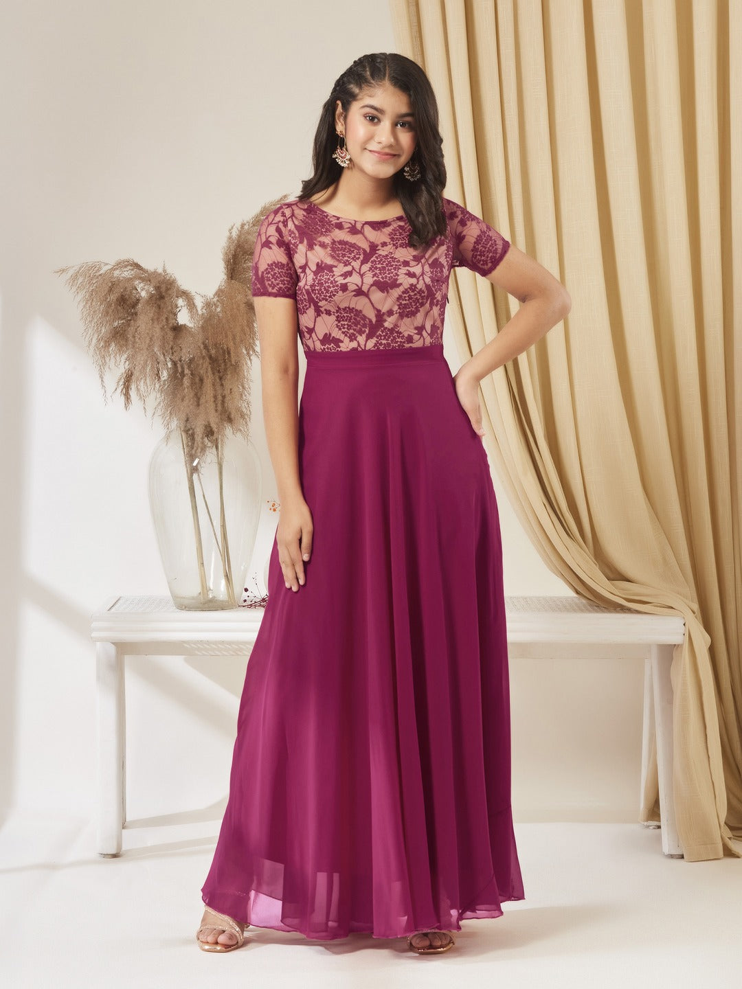 Dark Pink Round Neck Half Sleeve Self-Designed Fit & Flare Georgette Maxi Dress for Girls/Teenagers