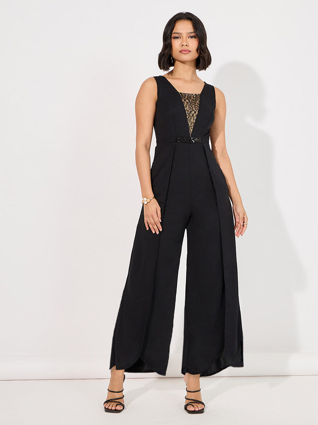 Women's Black Square-Neck Sleeveless Embellished Layered Polyester Jumpsuit