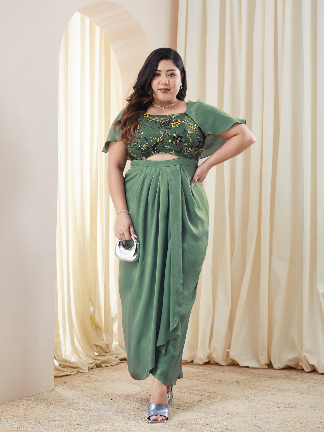 Siege Green Sweetheart-Neck Cape Embellished Draped Satin Maxi Dress for Women
