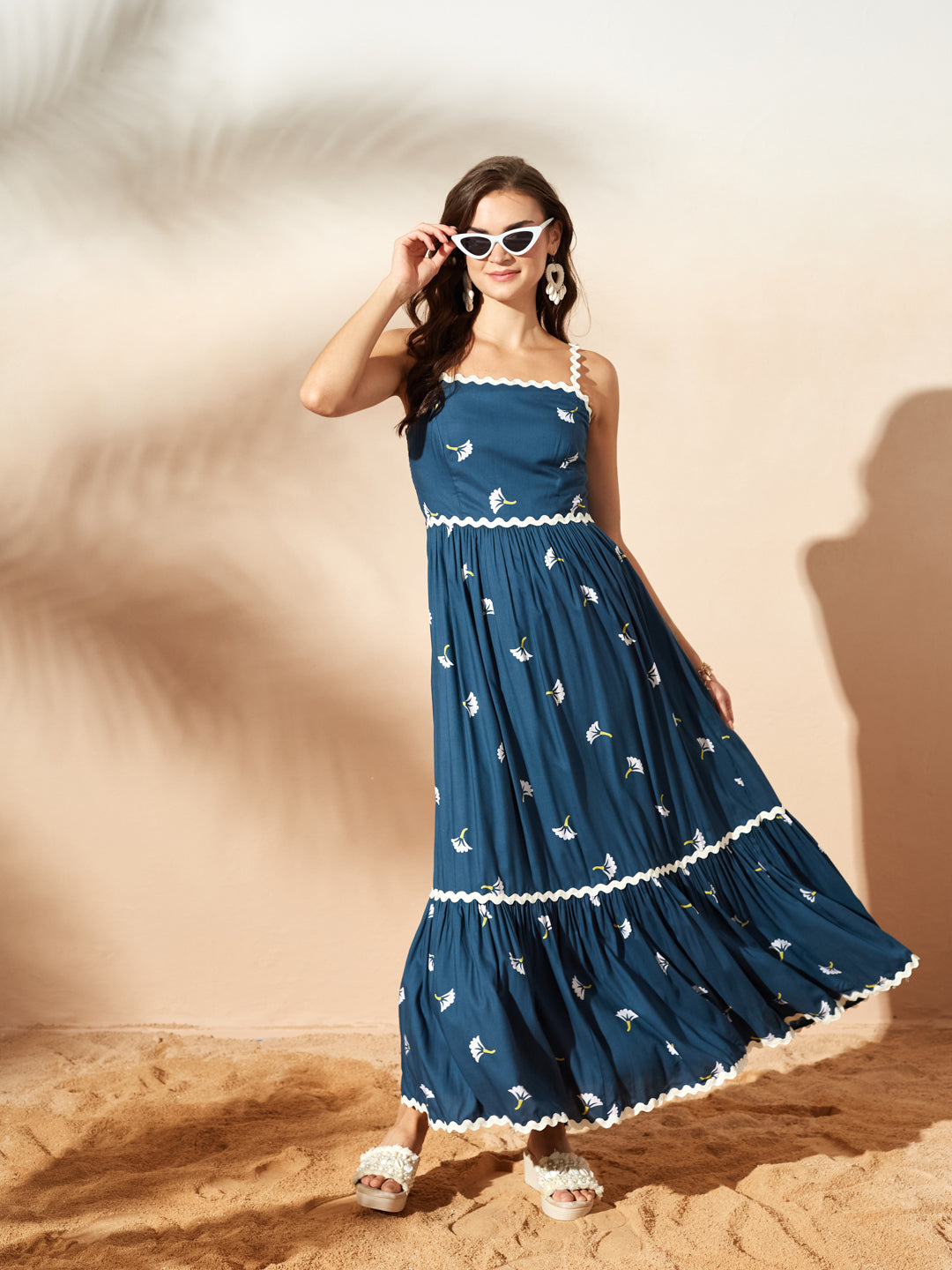 Teal Bohemian Multicolored Tiered Maxi Dress with Square Neck and Smocked Back for Women