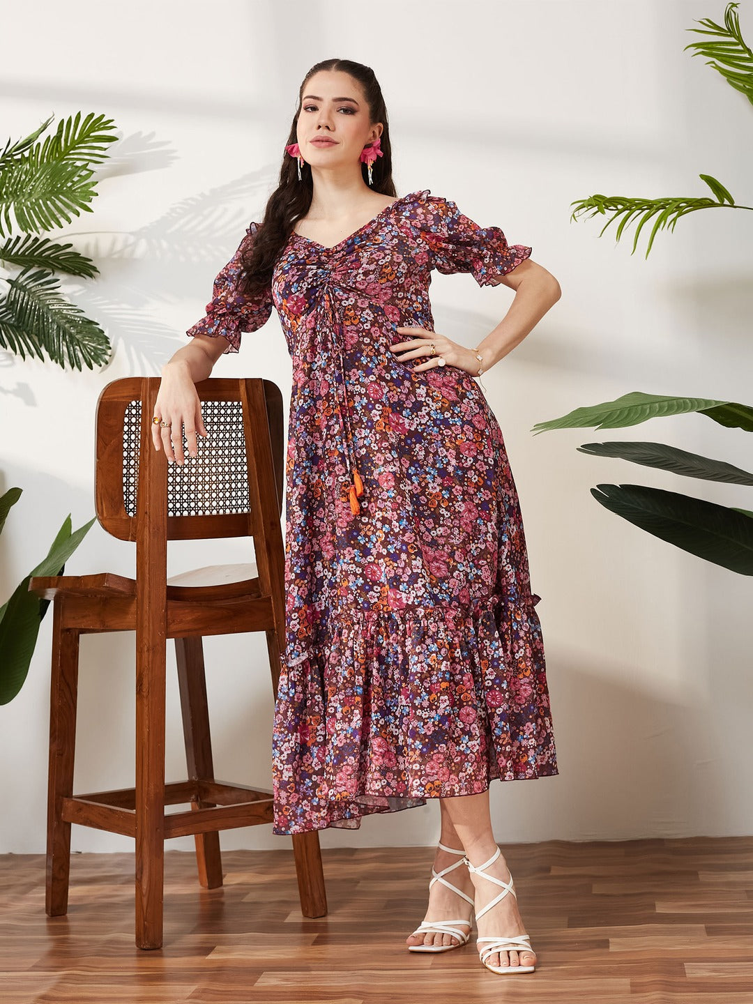 Wine V-Neck Puff Sleeve Floral Ruching Ankle-Length Dress for Women
