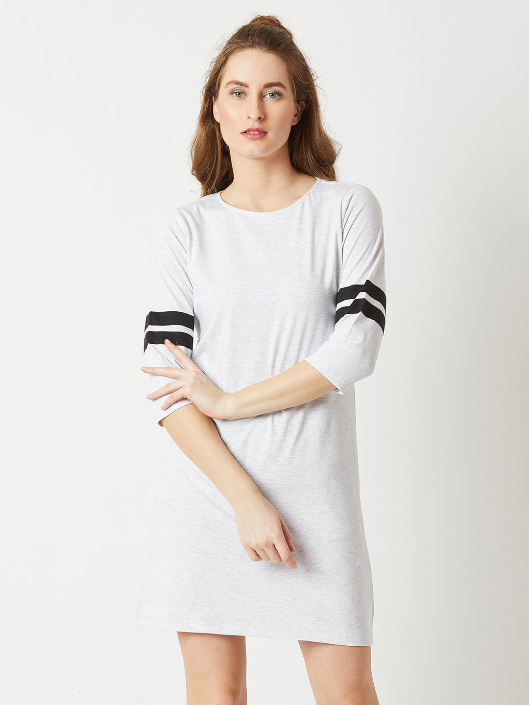 Women's Light Grey Round Neck Full Sleeve Cotton Solid Knee-Long Shift Dress