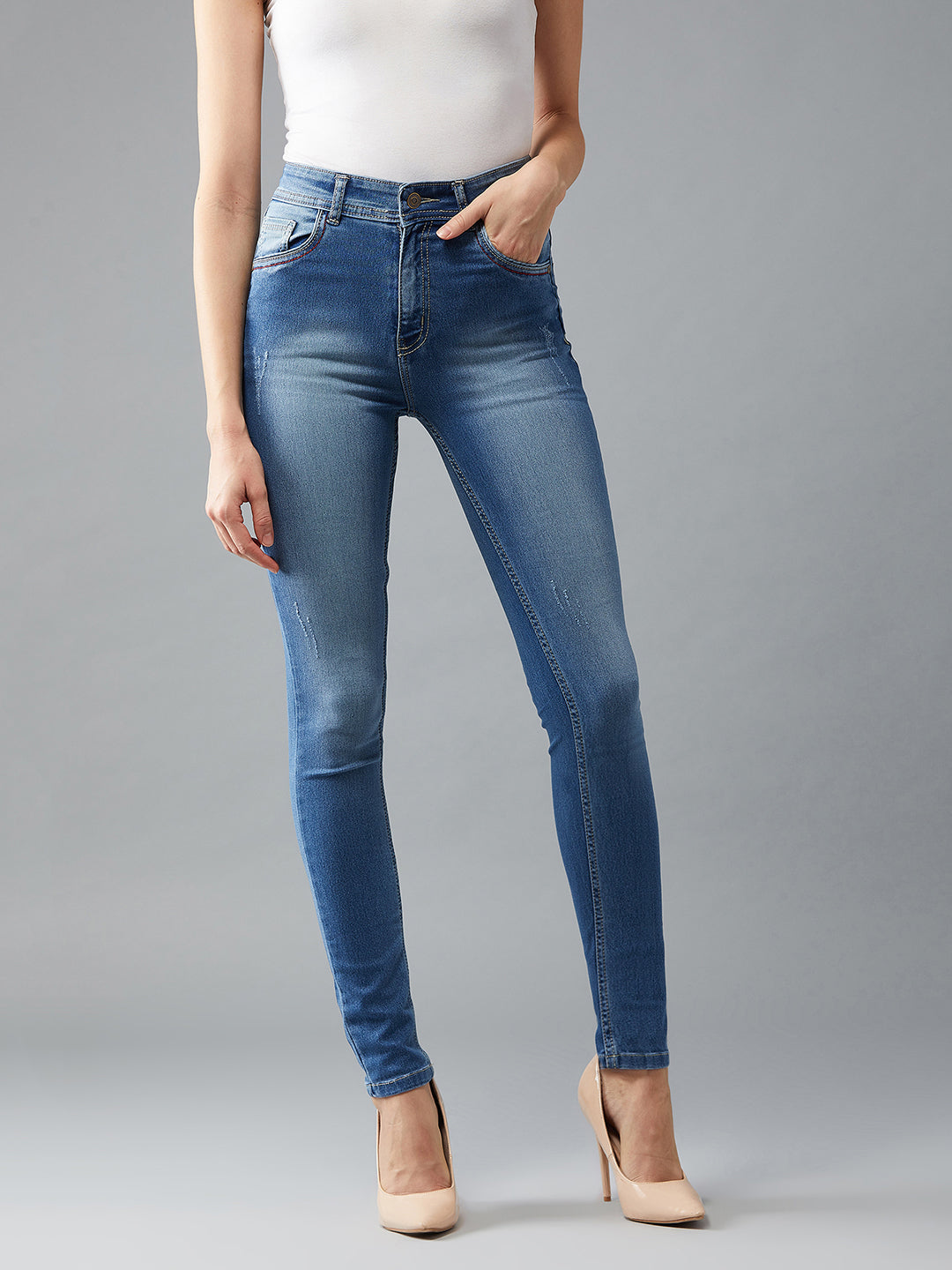 Women's Blue Skinny Fit High Rise Regular Length Denim Stretchable Jeans