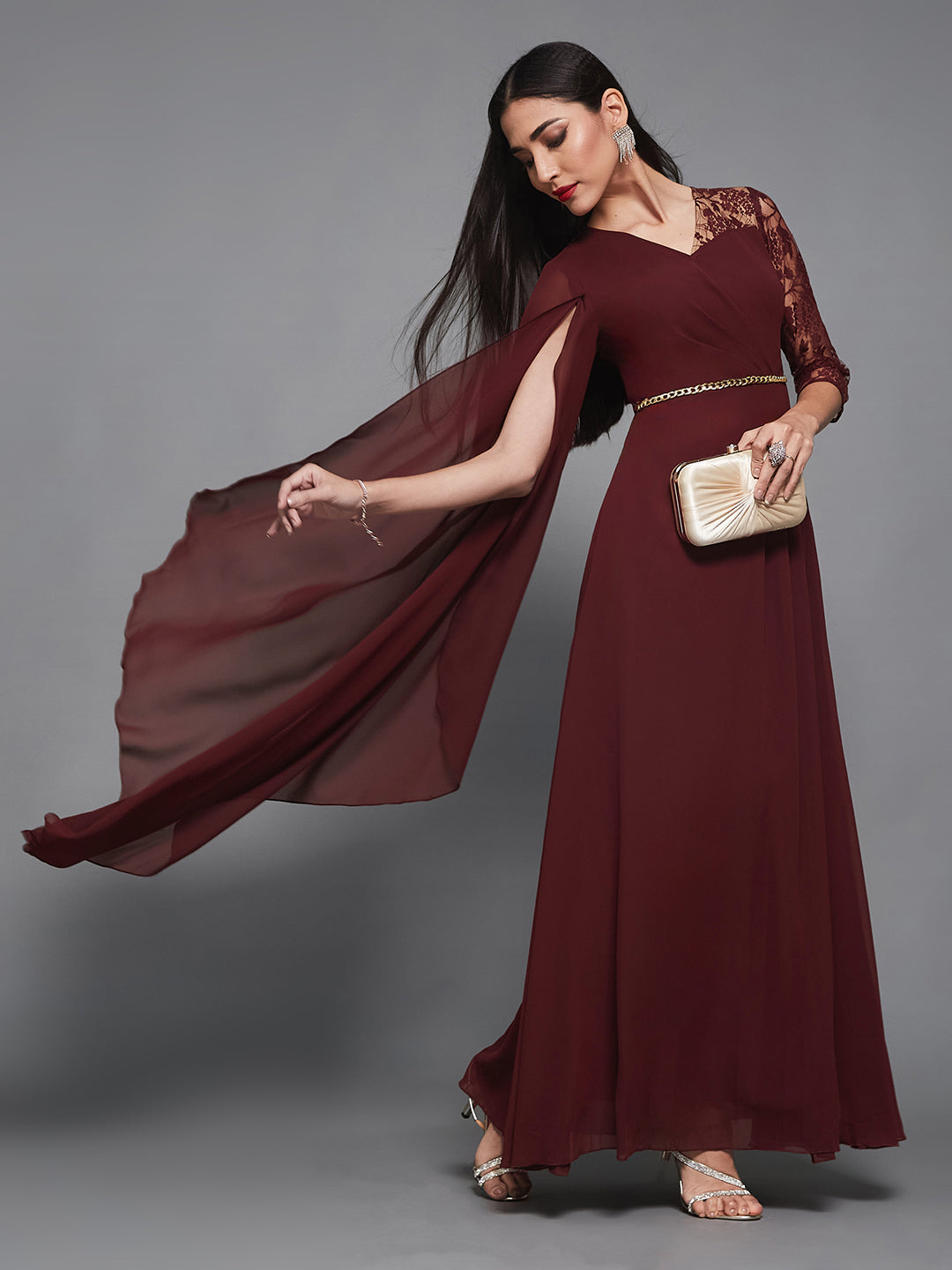 Women's Wine V-Neck 3/4 Sleeve Self-Designed Asymmetric Georgette Maxi Dress