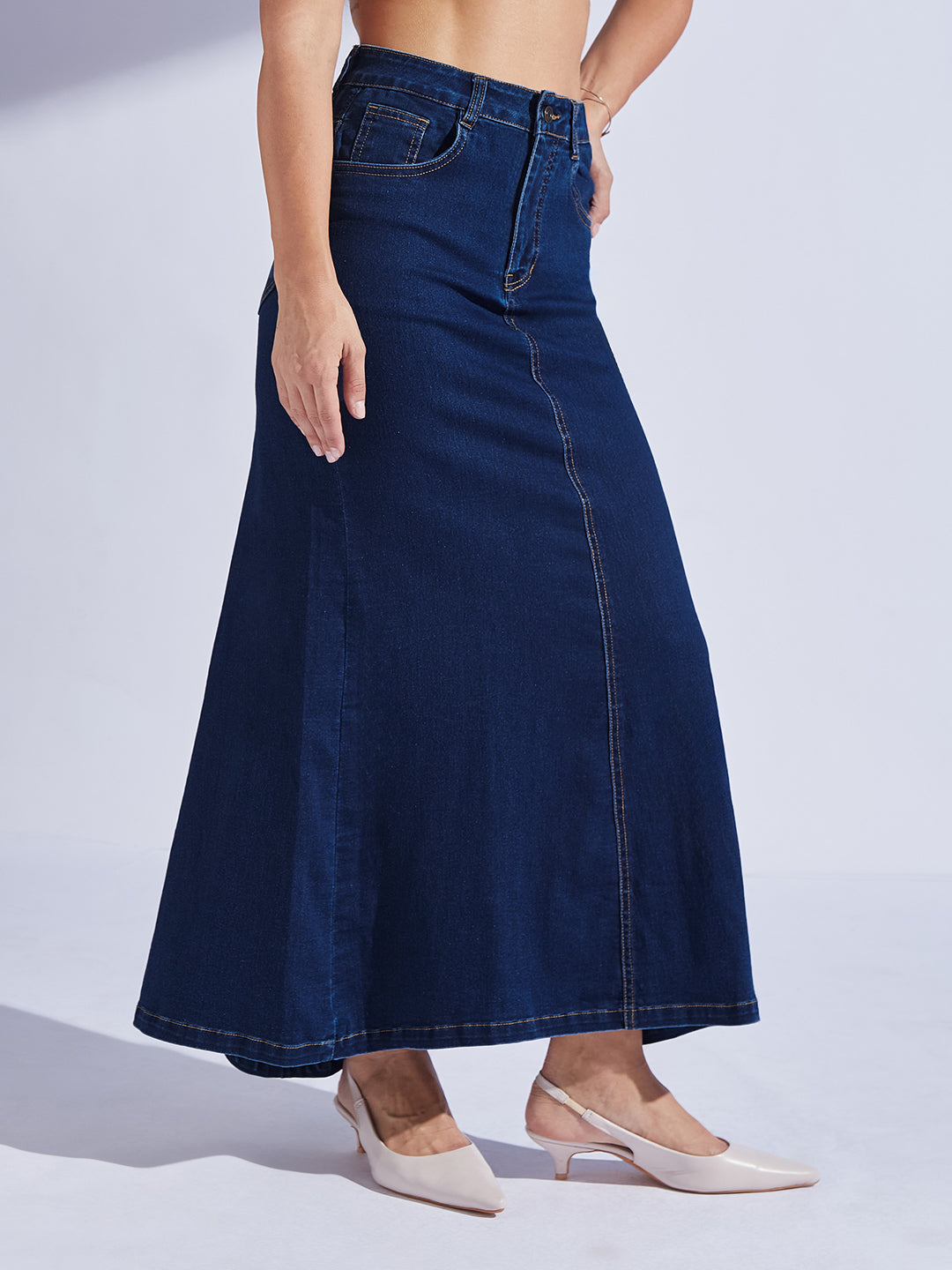 Women's Dark Blue Flared High-Rise Clean-Look Stretchable Denim Maxi Skirt