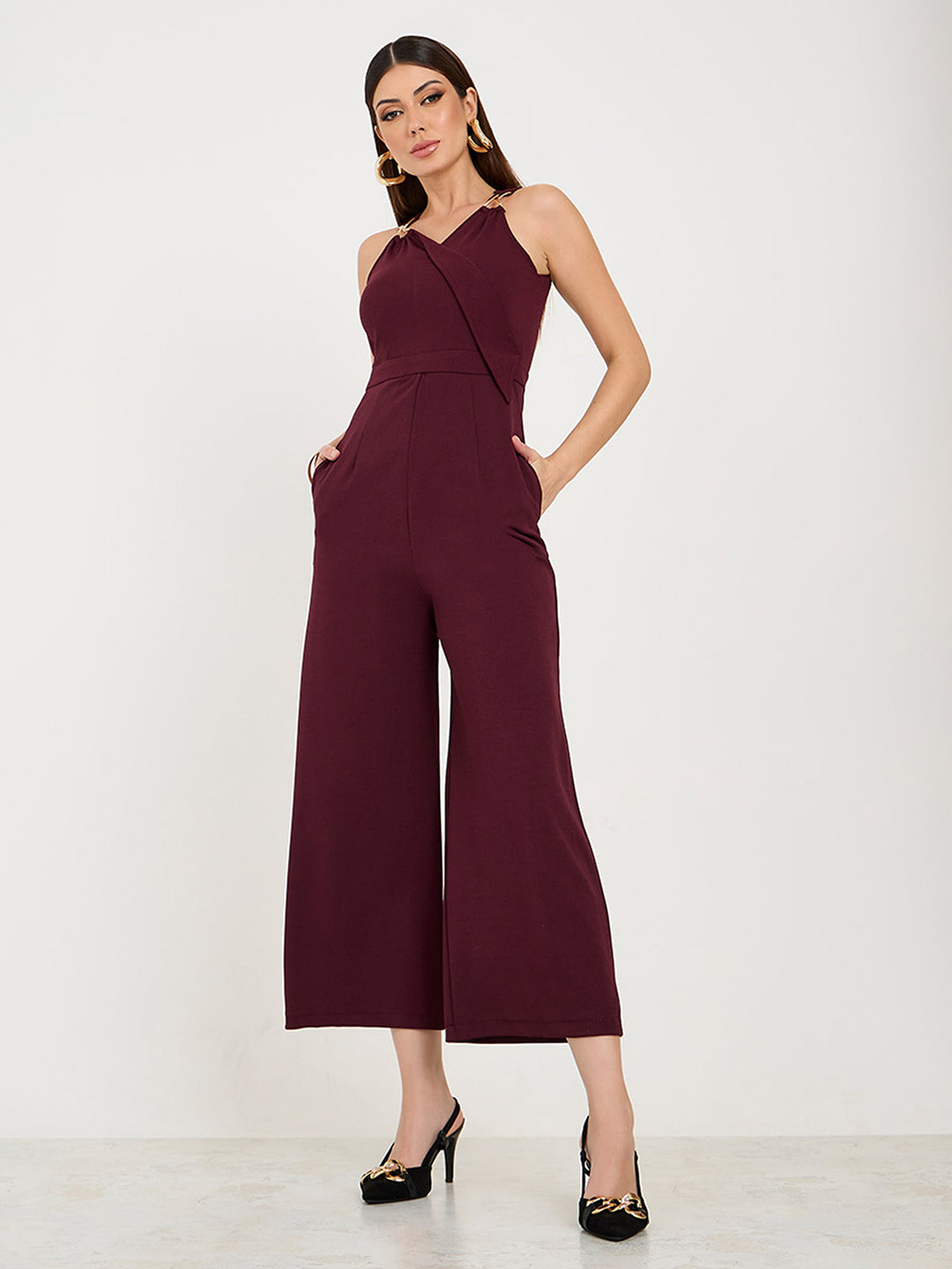 Women's Wine V-Neck Sleeveless Solid Wrap Regular Jumpsuit