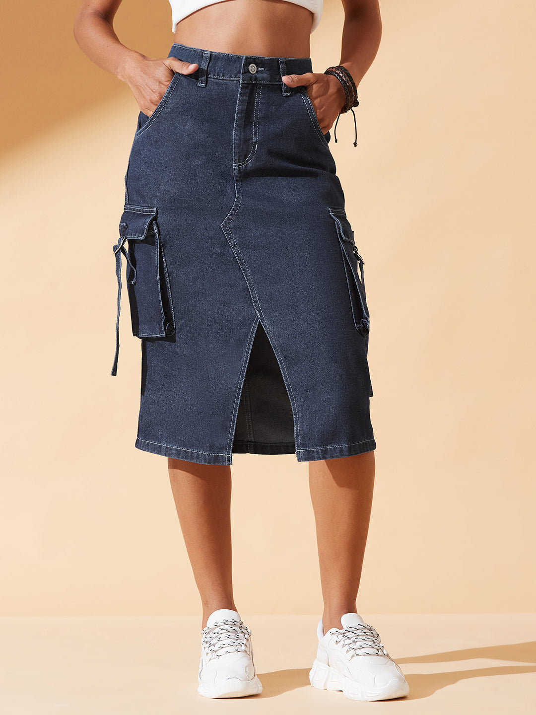 Navy-Blue Straight-Fit High-Rise Midi Denim Skirt for Women