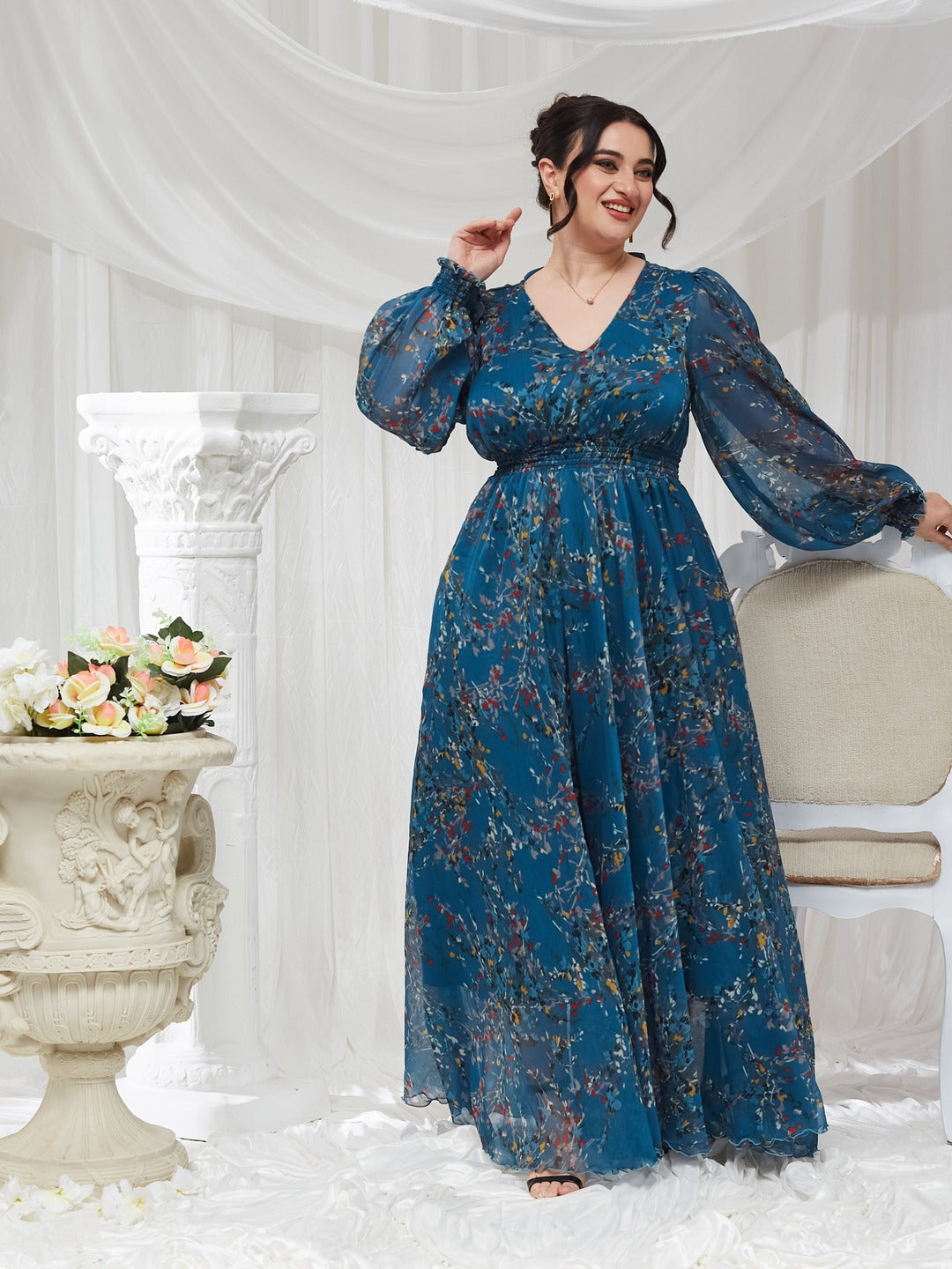Teal V-Neck Smocked Bishop Sleeve Floral Gathered Chiffon Maxi Dress for Women