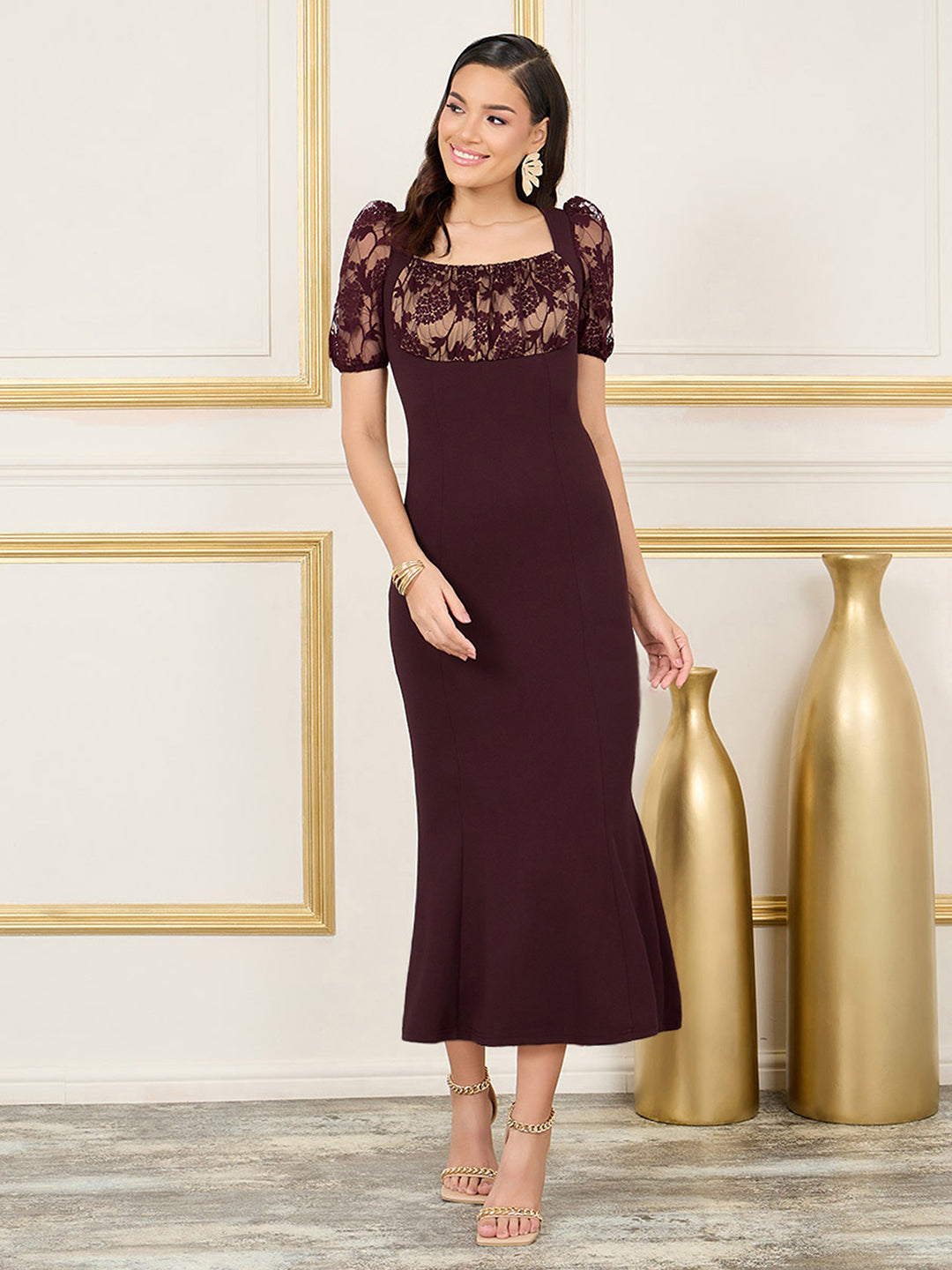Women's Wine Square-Neck Short Puff-Sleeves Self Design Lace Overlaid Bodycon Midi Dress