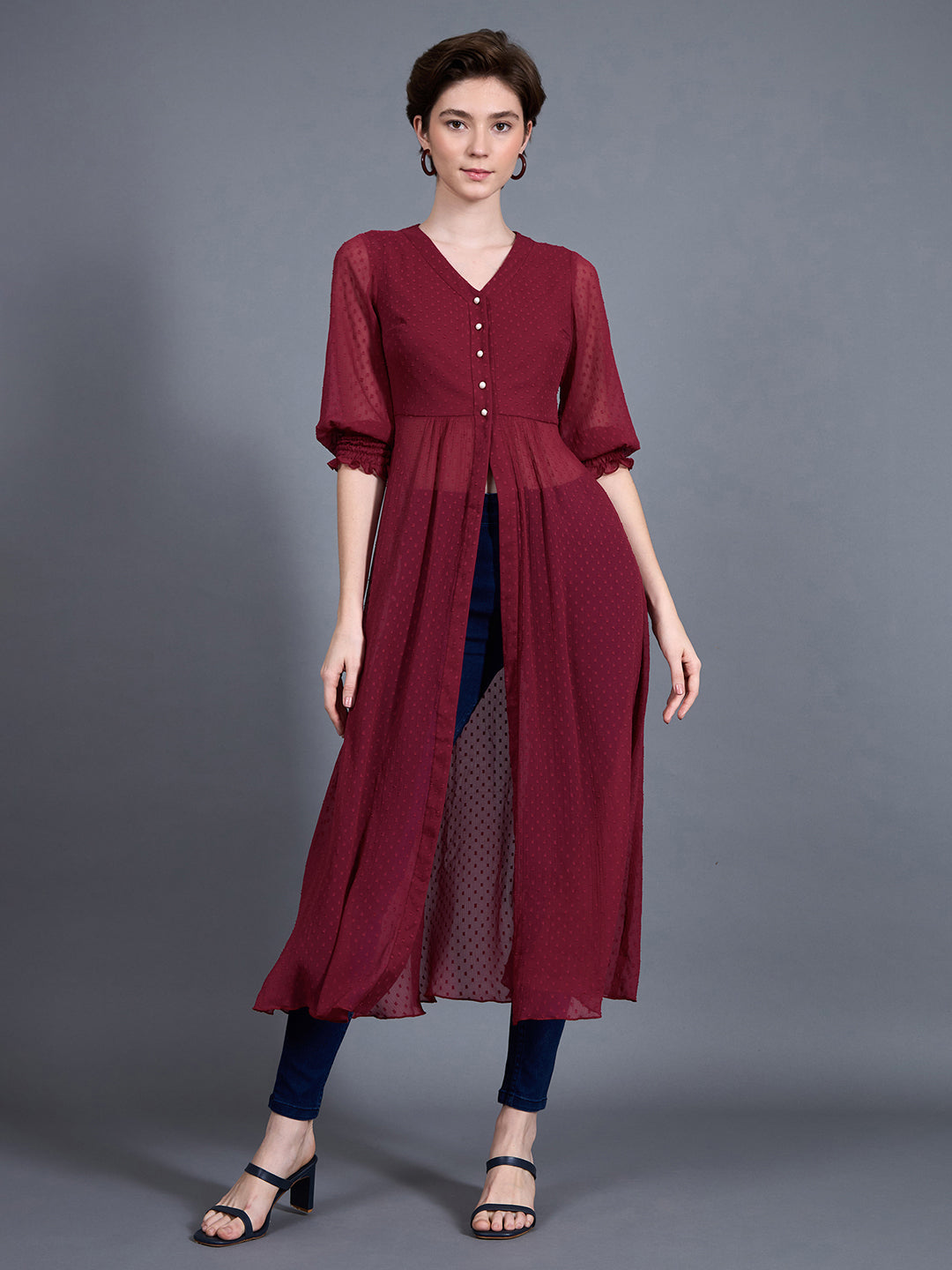 Women's Maroon V-Neck 3/4 Sleeves solid empire Maxi Top