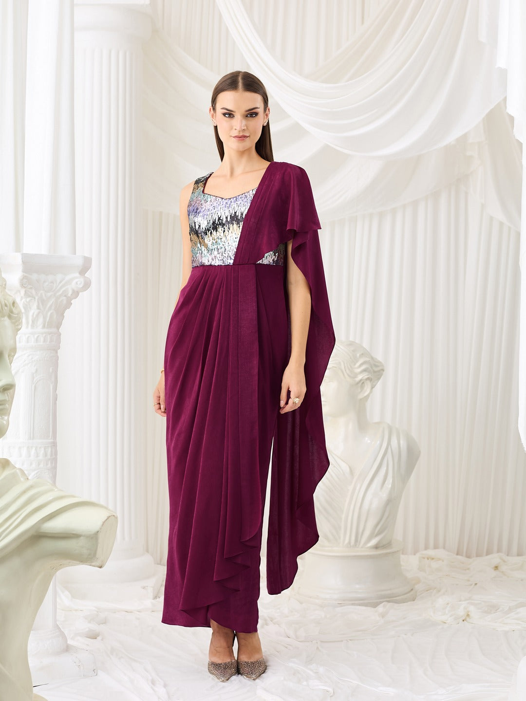 Wine Sweetheart Embellished Gown in Pleated Satin for Women