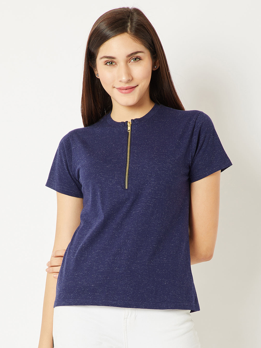 Women's Blue Round Neck Half Sleeve Cotton Solid Zippered High Neck Top