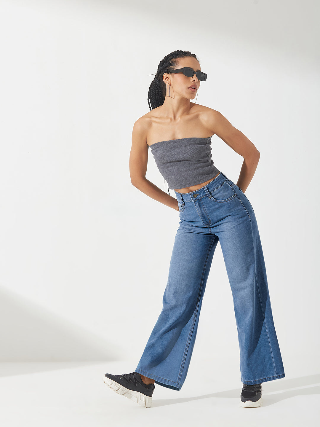 Light Blue Wide-Leg High-Rise Non-stretchable Denim Jeans For Women