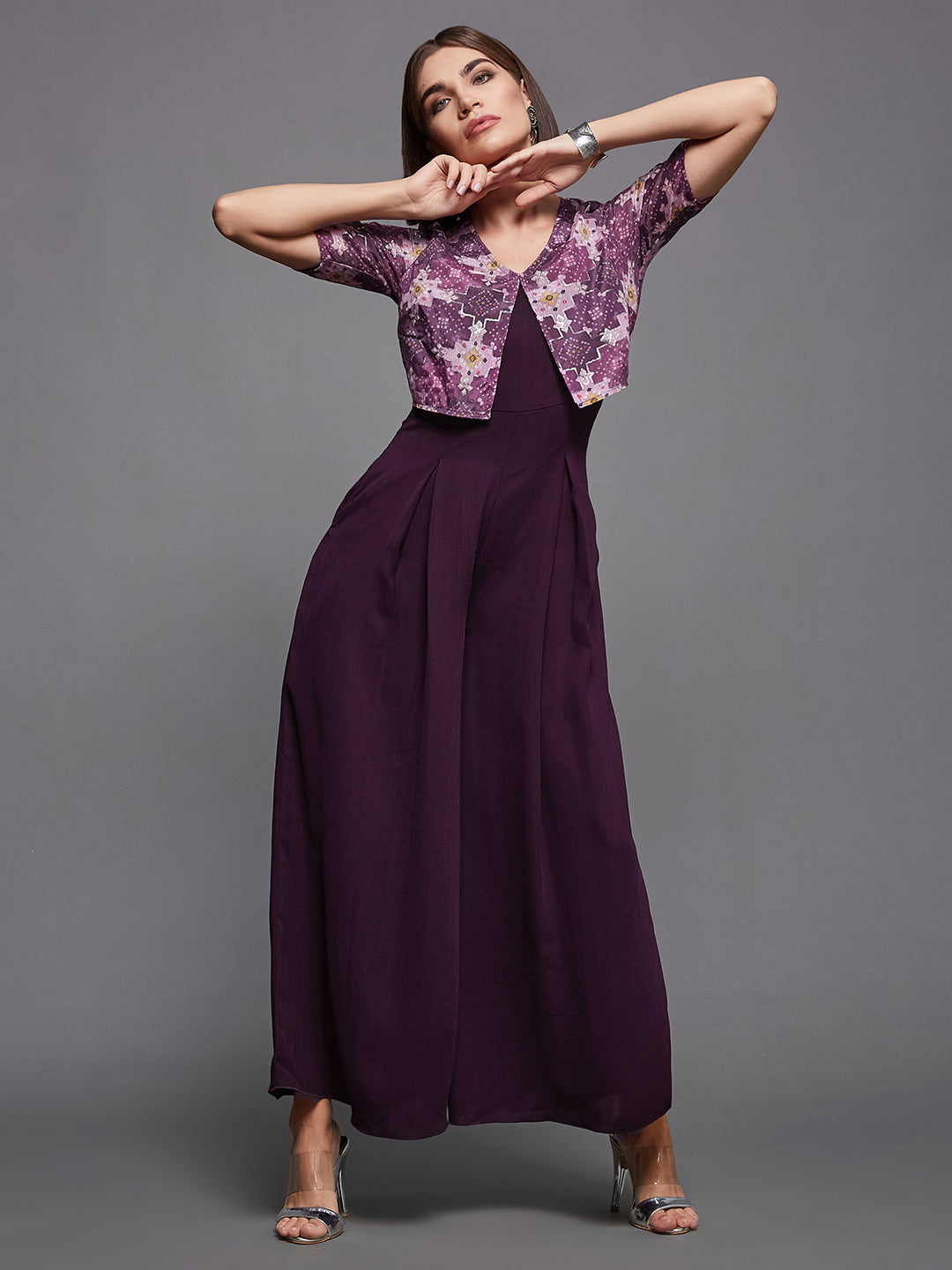 Women's Dark Purple V Neck Half Sleeve Pleated Polyester Regular-Length Solid Jumpsuits