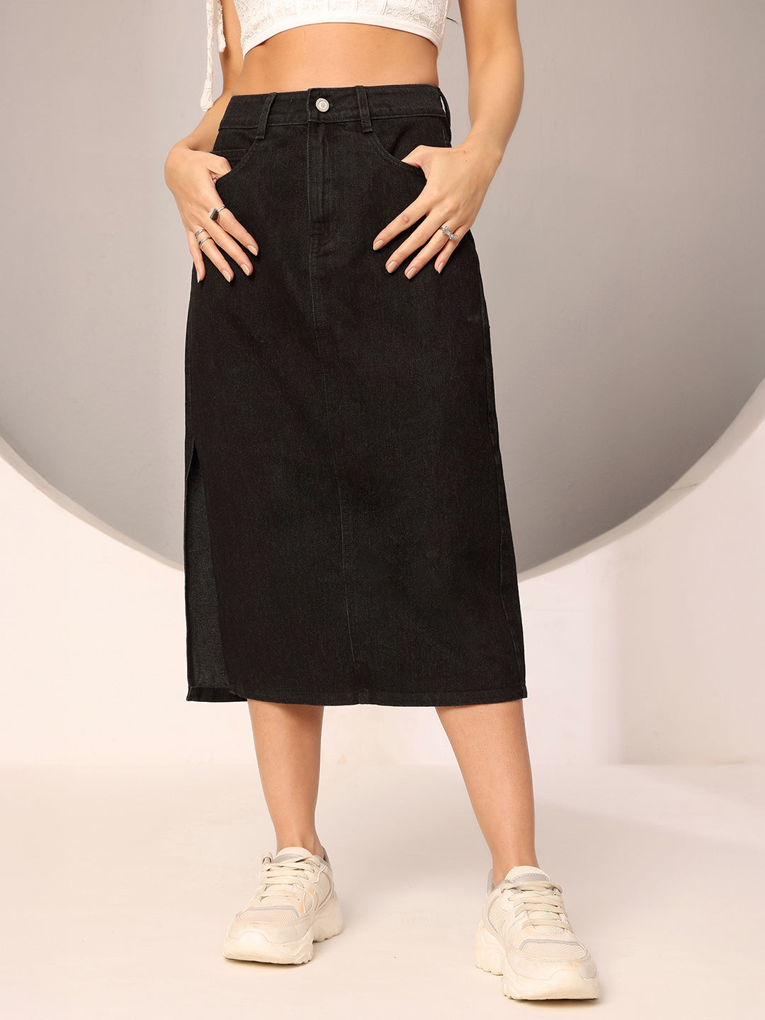 Black Straight-Fit High-Rise Clean-Look Stretchable Denim Midi Skirt for Women