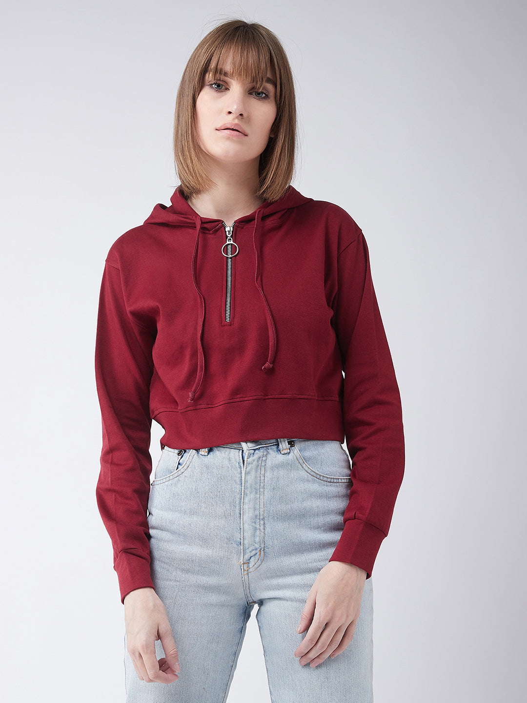 Maroon Solid Round Neck Full Sleeve Hooded Boxy Crop Zippered Sweatshirt for Women