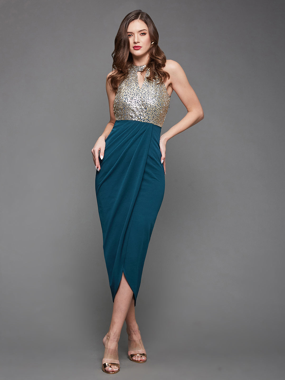 Crease Ease Women's Teal Halter Neck Sleeveless Sequined Party Midi Dress