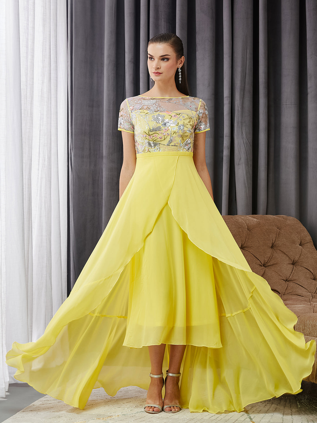 Women's Multicolored-Base-Yellow Round Neck Short Sleeve Floral Layered Georgette Midi Dress