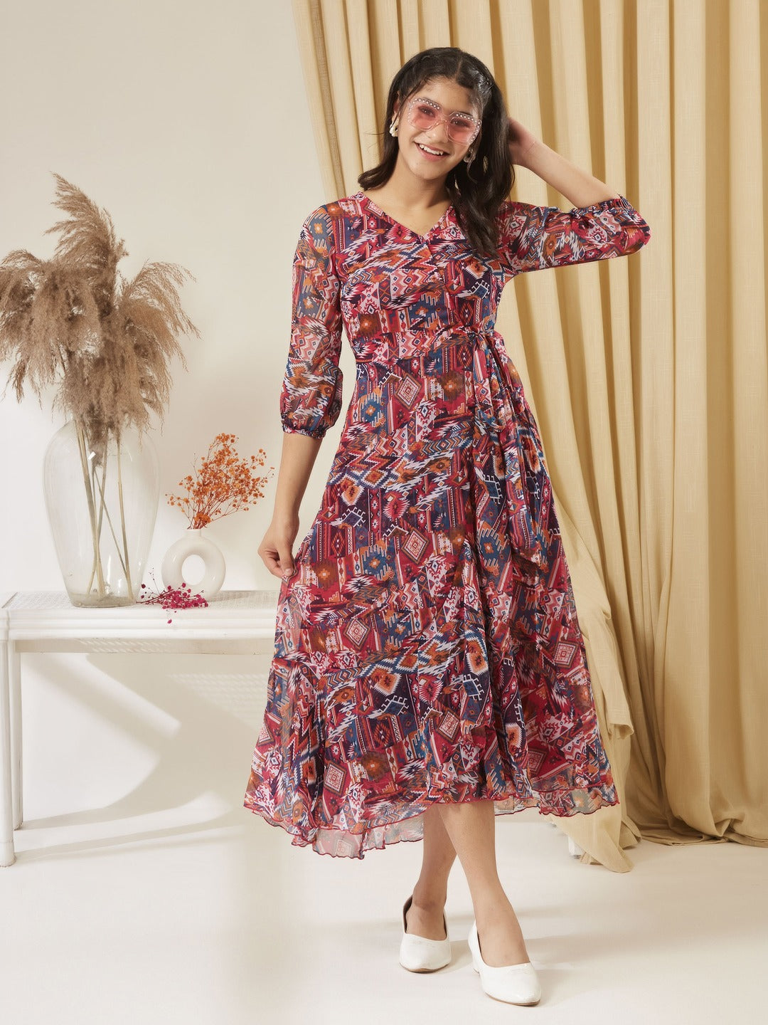 V-Neck Three-Quarter Sleeve Geometric Patterned Wrap Midi Chiffon Dress for Girls/Teenagers