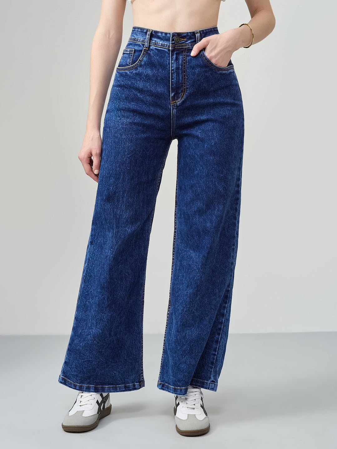 Mid Blue Wide-Leg High-Rise Stretchable Denim Jeans for Women