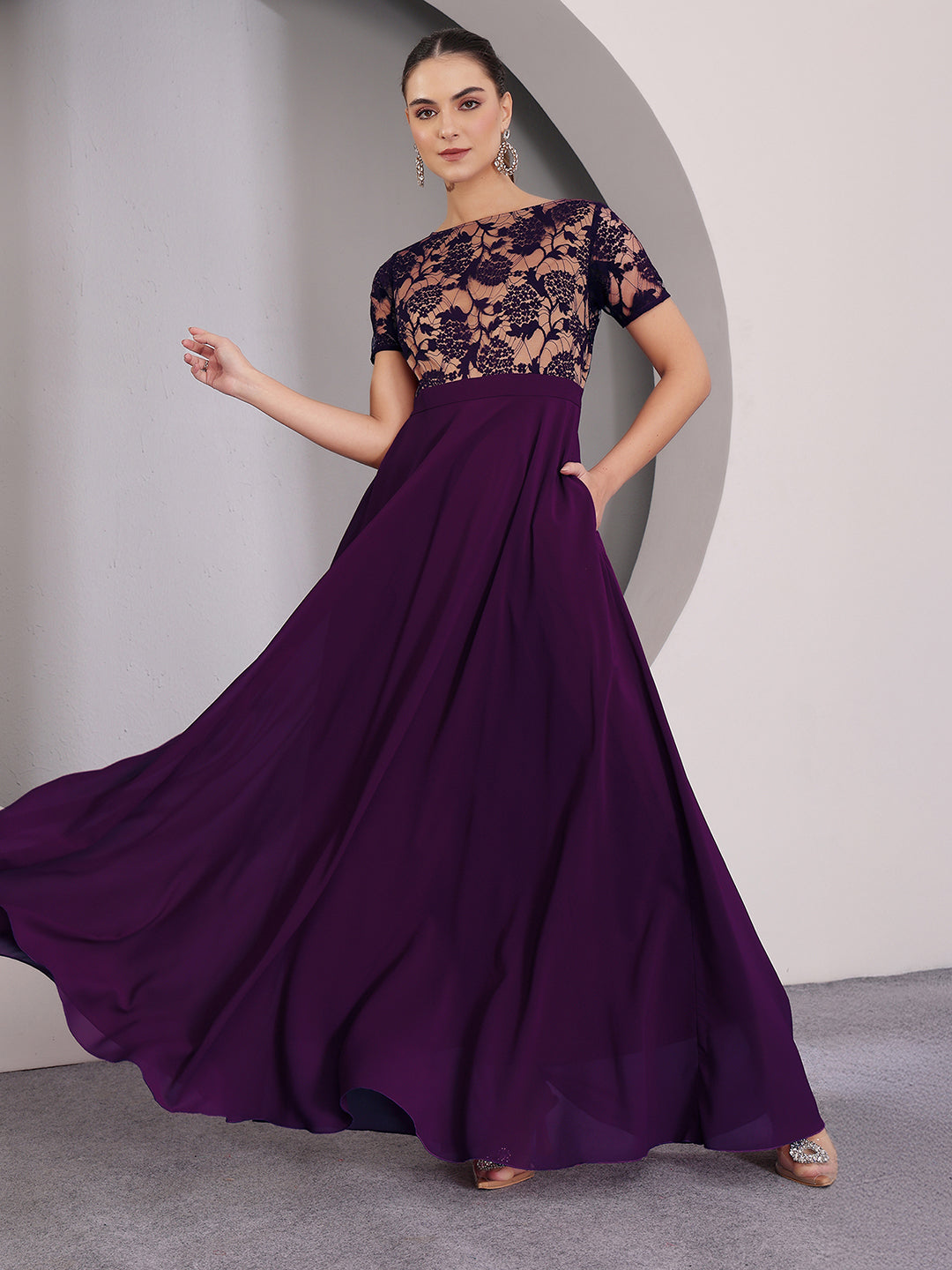 Women's Dark Purple Round Neck Half Sleeve Self Design Fit & Flare Georgette Maxi Dress