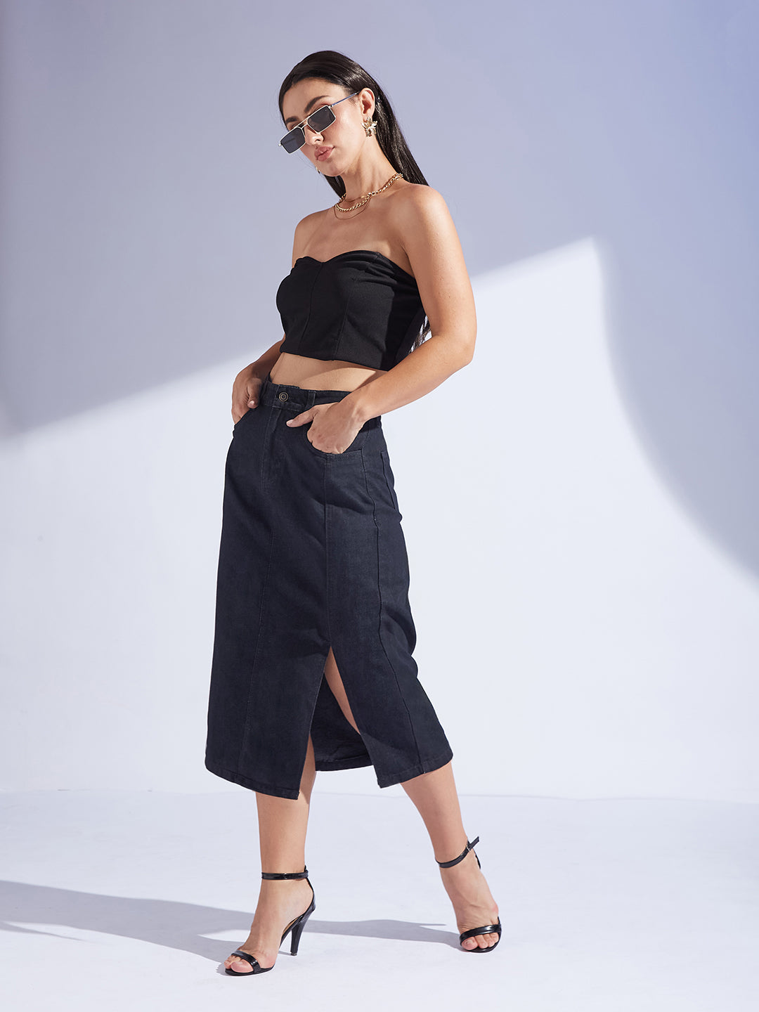 Women's Black Straight-Fit High-Rise Clean-Look Stretchable Denim Midi Skirt