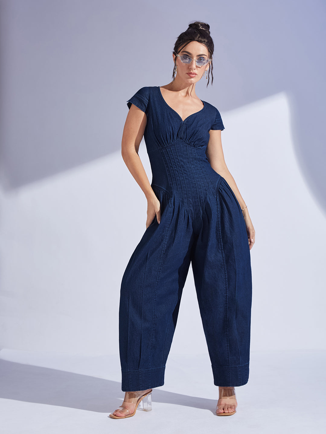 Women's Navy Blue Scoop Neck Cap Sleeve Pin Tucked Dhoti Style Denim Jumpsuit