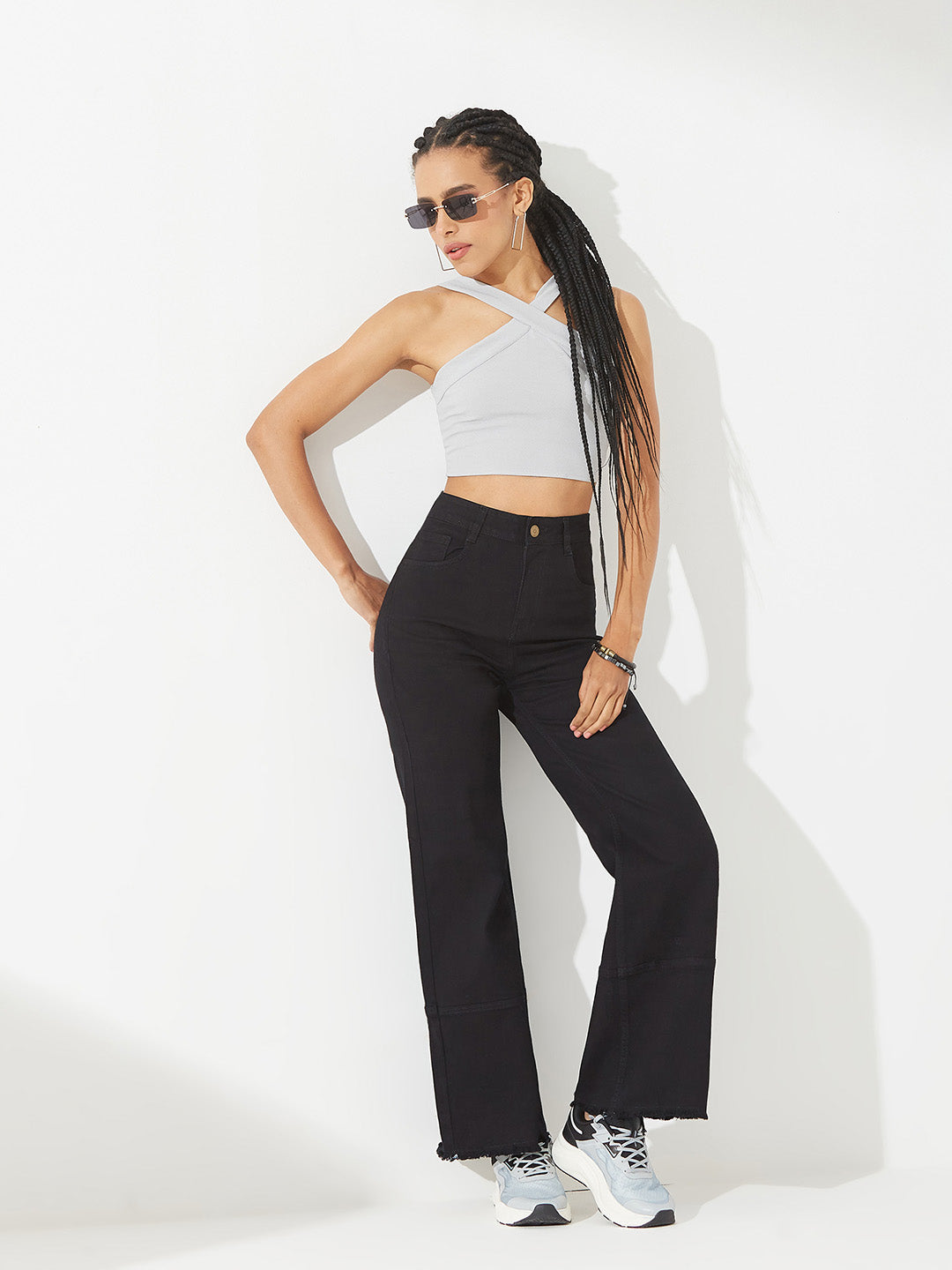 Black Wide Leg High-Rise Stretchable Denim Jeans For Women