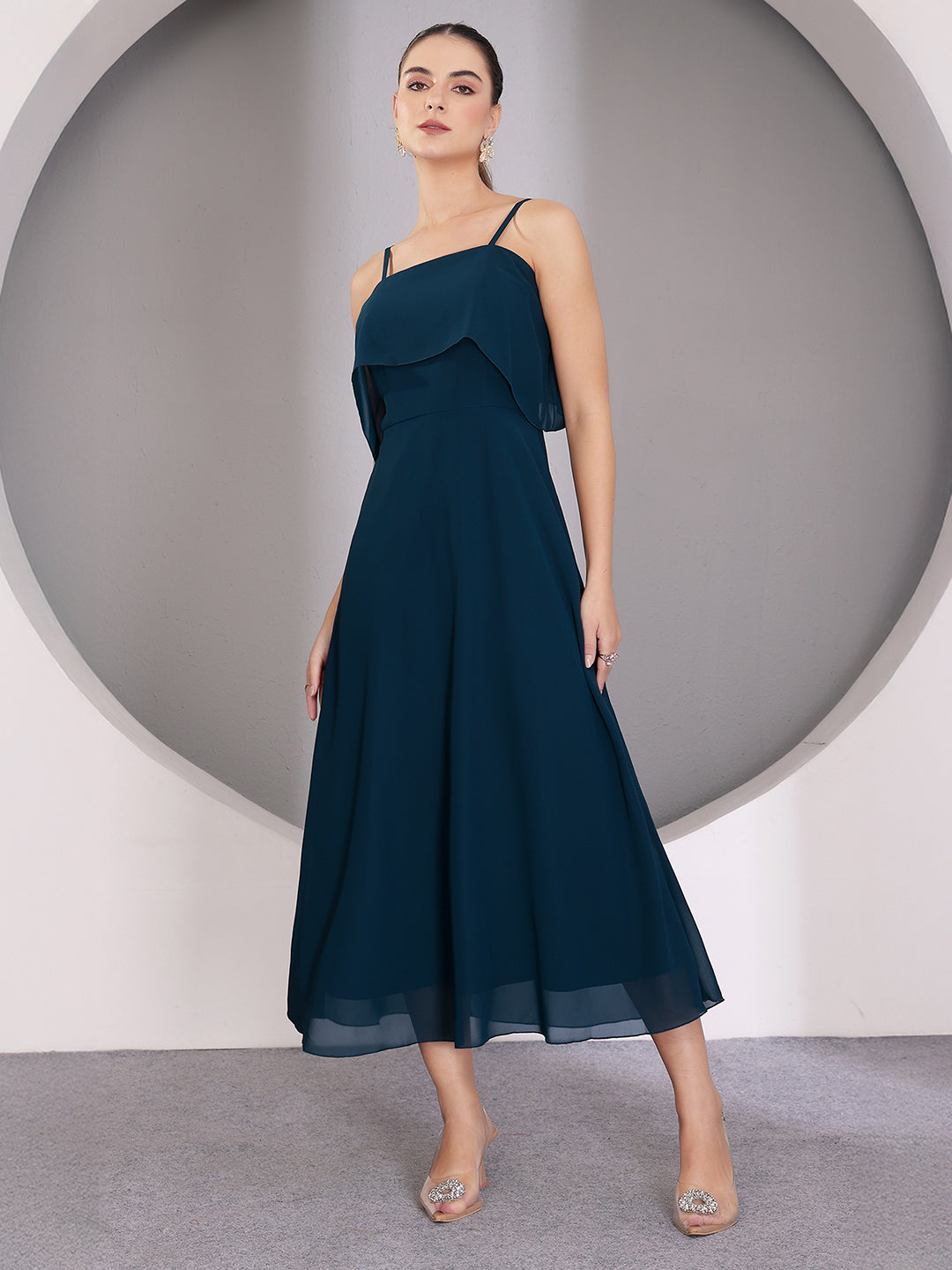 Women's Teal Bardot Style Sleeveless Spaghetti Strap Solid Off Shoulder Midi Skater Dress