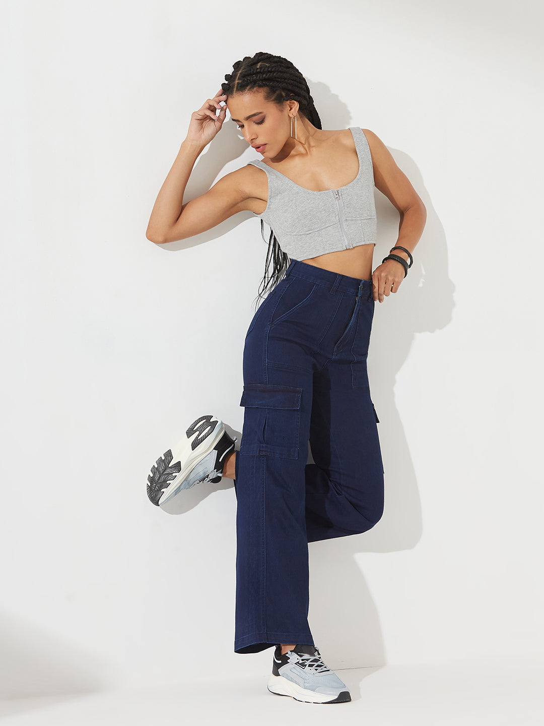 Navy Blue Wide-Leg High-Rise Stretchable Denim Cargo Jeans For Women