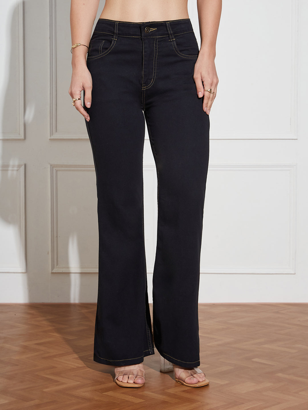 Women's Black Bootcut High-Rise Clean-Look Regular-Length Stretchable Denim Jeans