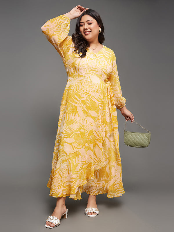 Women's Yellow & White V neck Full sleeve Floral Layered Maxi Dress