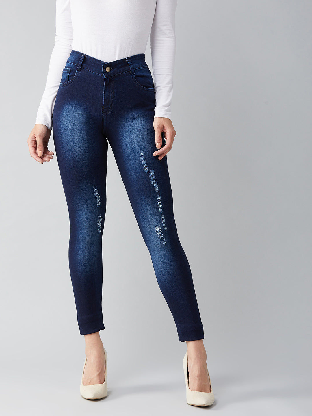 Women's Blue Skinny Fit Mid Rise Mildly Distressed Regular Length Ripped Denim Jeans