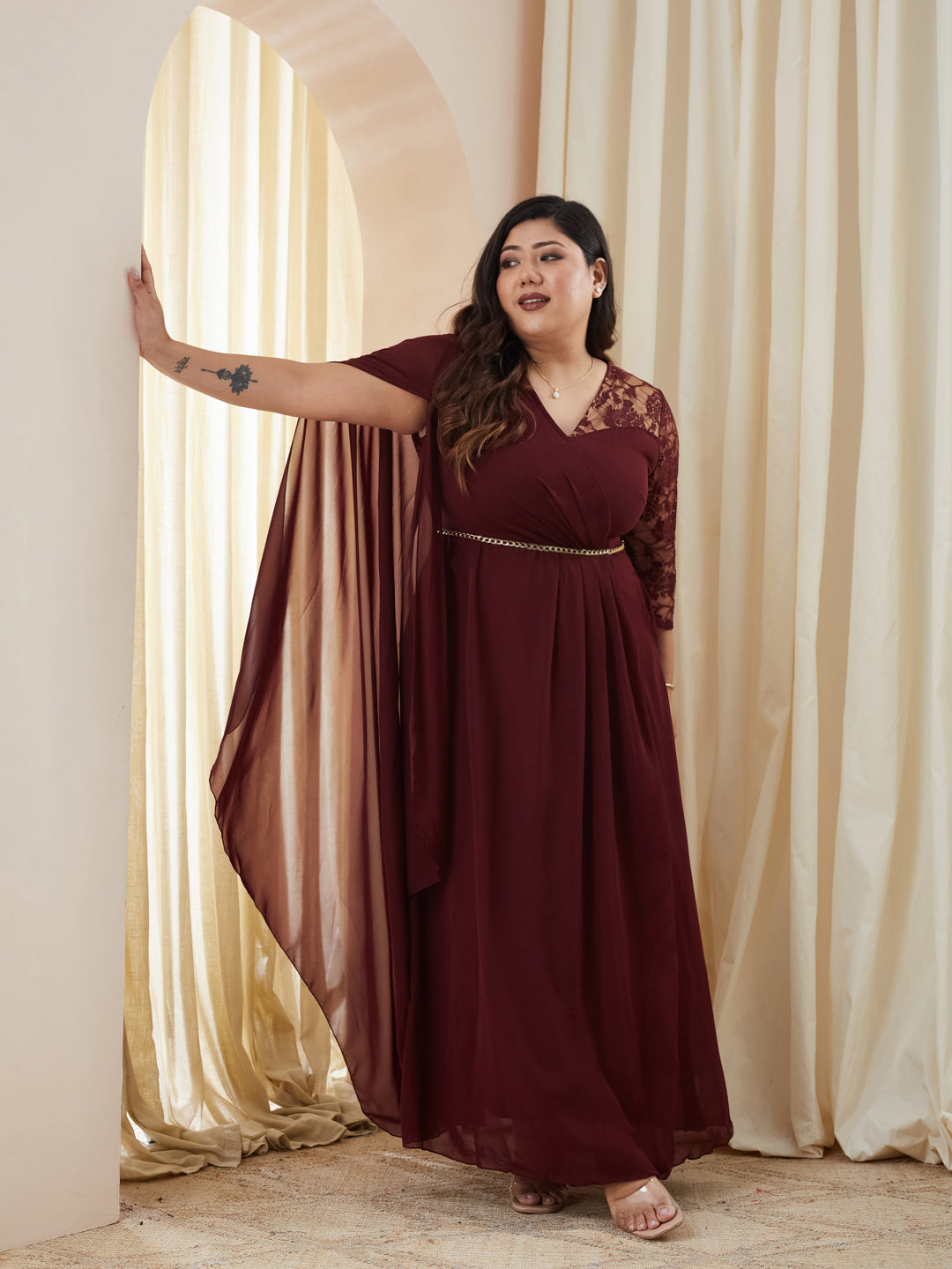 Wine V-Neck Three-Quarter Sleeve Self-Designed Asymmetric Georgette Maxi Dress for Women