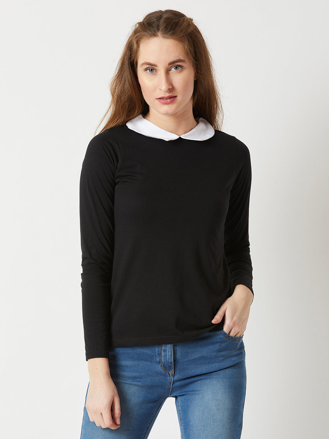 Women's Black Collared Round Neck Full Sleeve Cotton Solid Buttoned Top