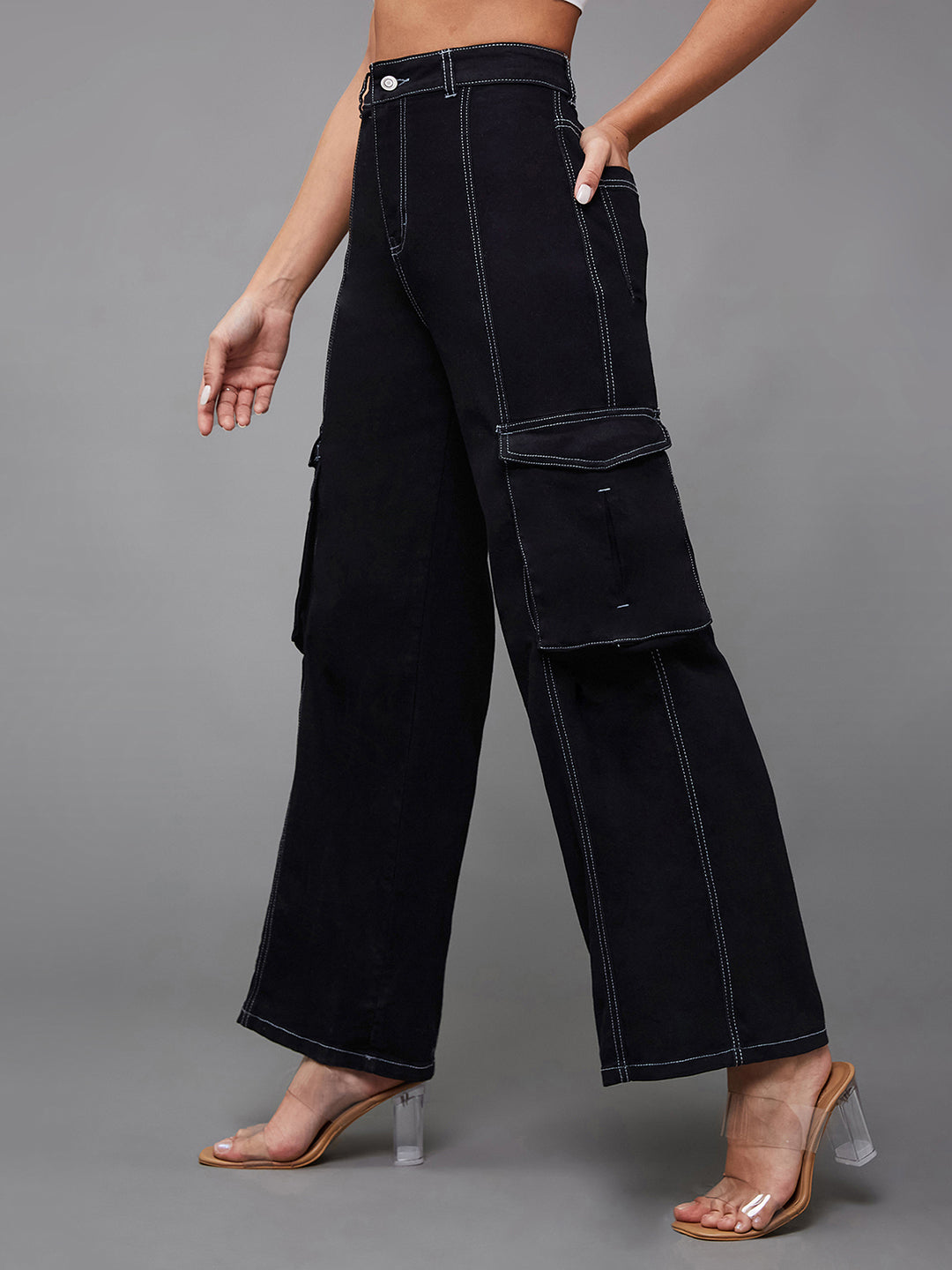 Women's Black Wide-Leg High-Rise Clean-Look Regular-Length Stretchable Patch-Pocketed Denim Jeans