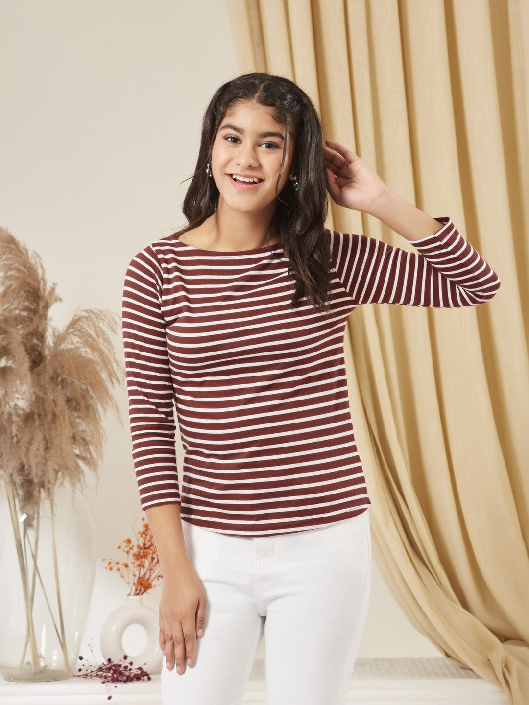 Maroon & White Boat Neck 3/4 Sleeve Cotton Striped Top for Girls/Teenagers