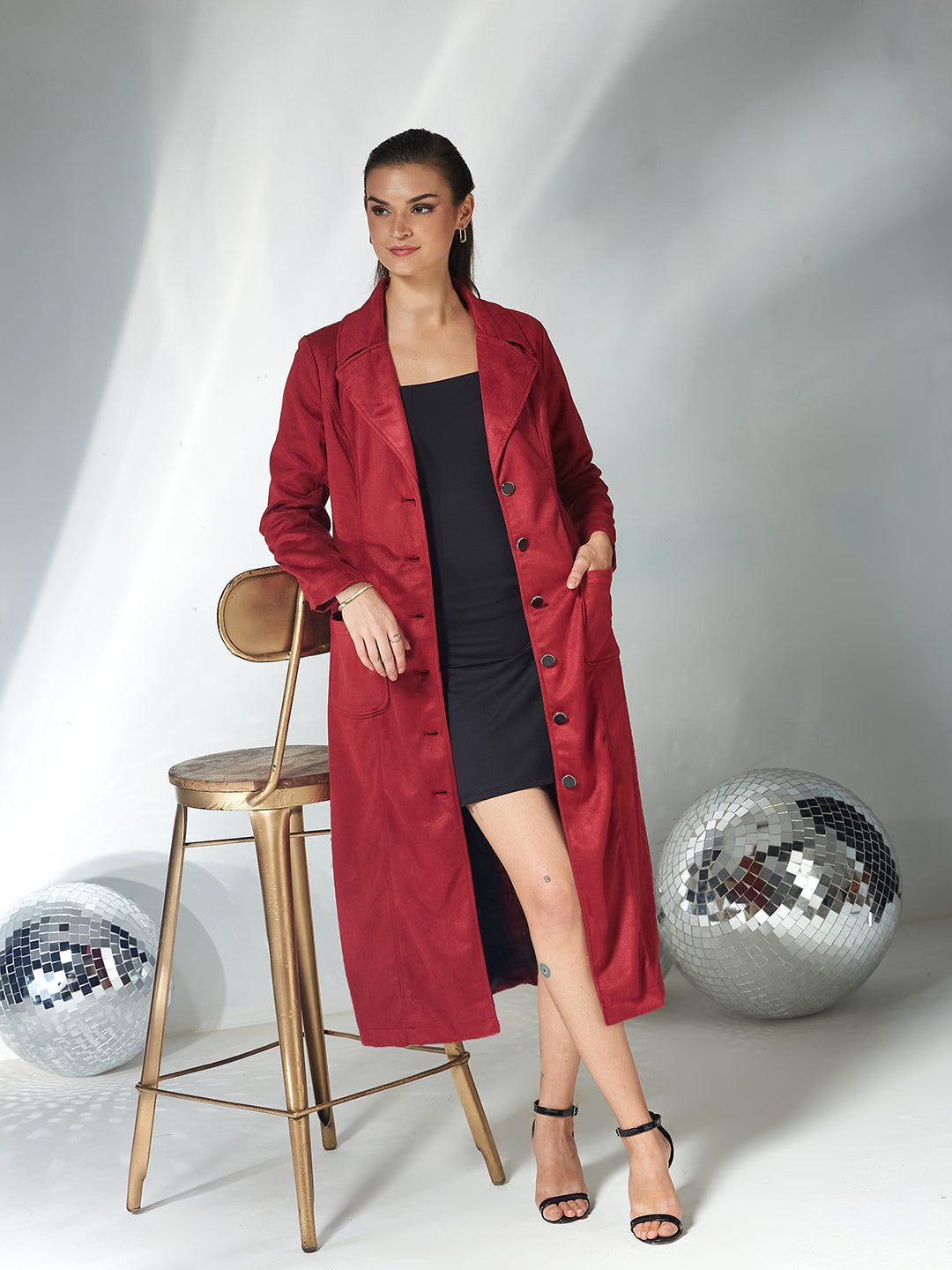 Women's Dark Red Solid V-Neck Full Sleeves Patched Pocketed Polyester Button Down Longline Winter Wear Jacket
