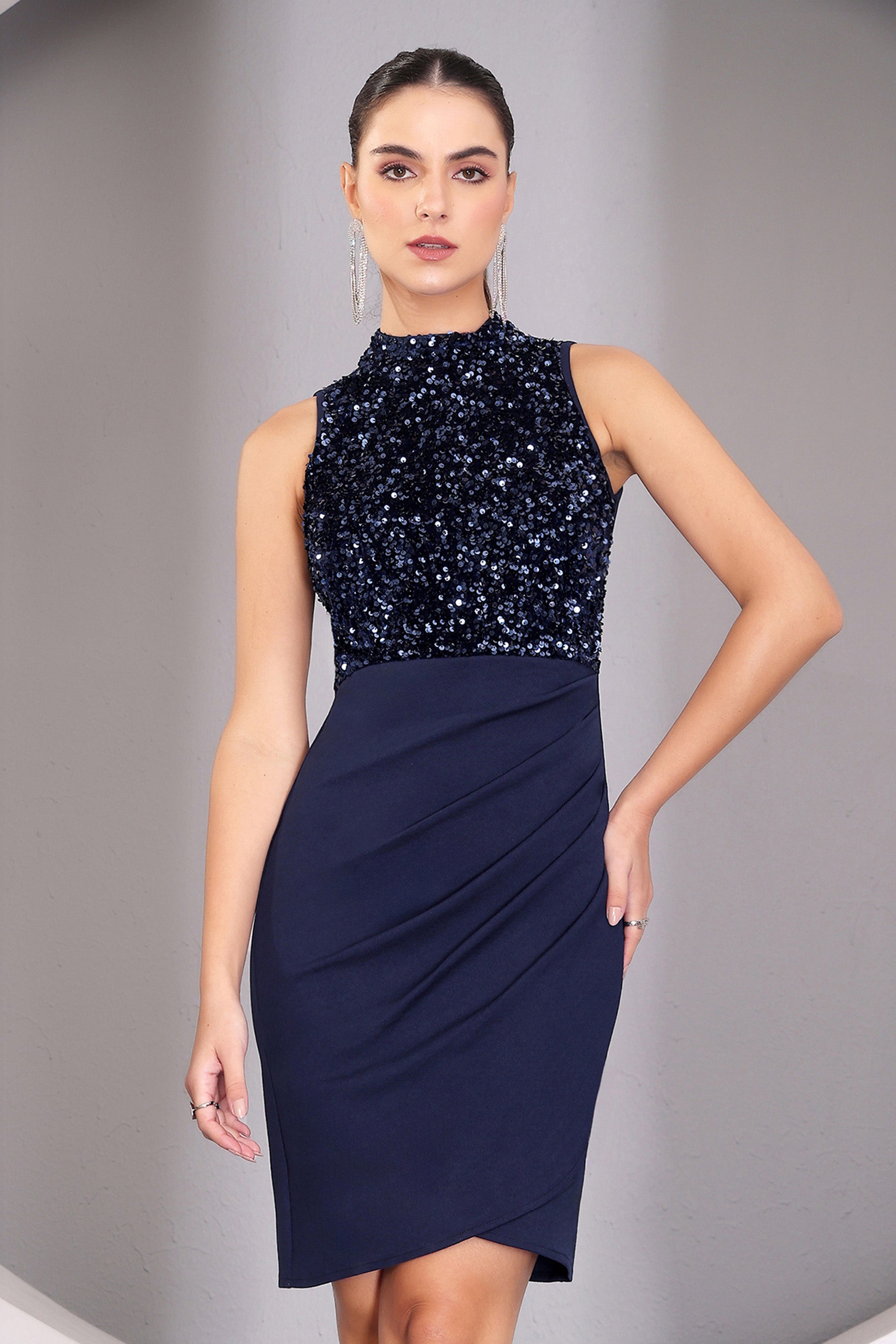Women's Navy Blue Halter Neck Sleeveless Embellished Pleated Above-Knee Dress