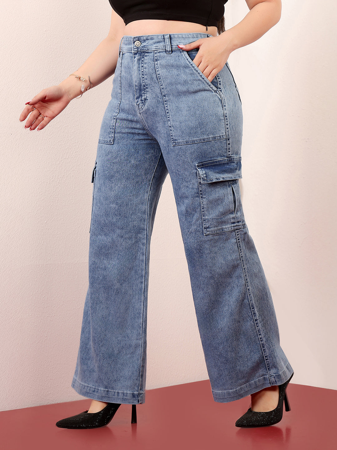 Women's Mid Blue Wide-Leg High-Rise Clean-Look Regular-Length Stretchable Cargo Denim Jeans