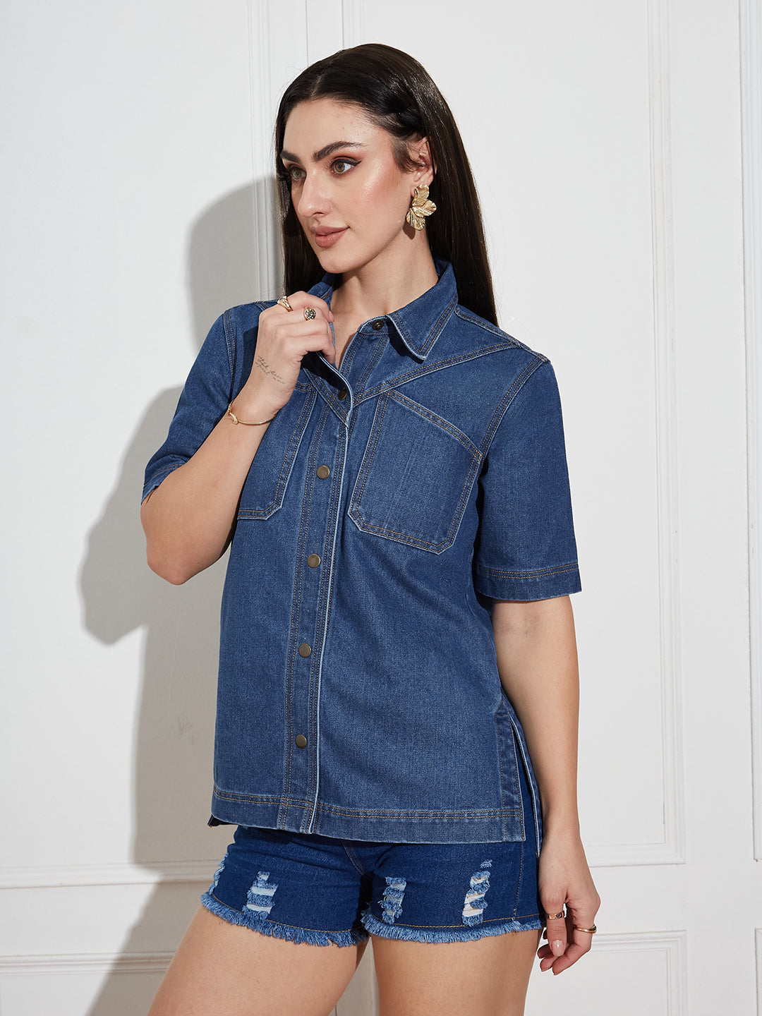 Women's Navy Blue Boxy Denim Shirt – Half Sleeves, Collared, Relaxed Fit