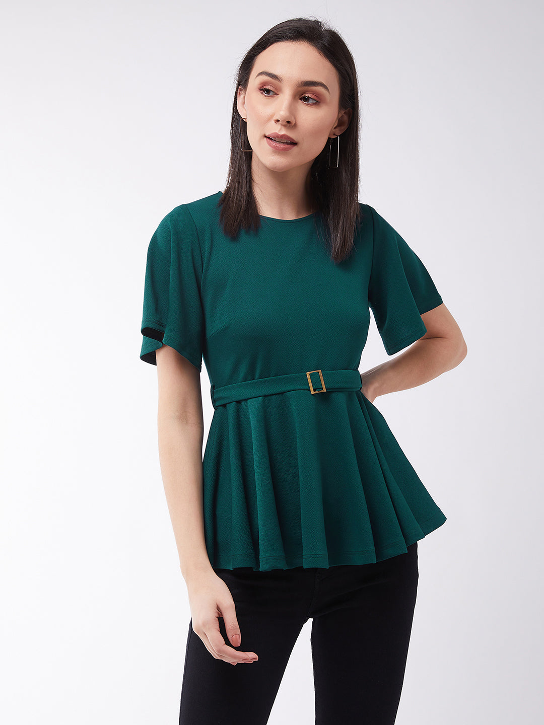 Crease Ease Women's Green Solid Polyester Slim Fit Round Neck Short Sleeve Regular Length Top