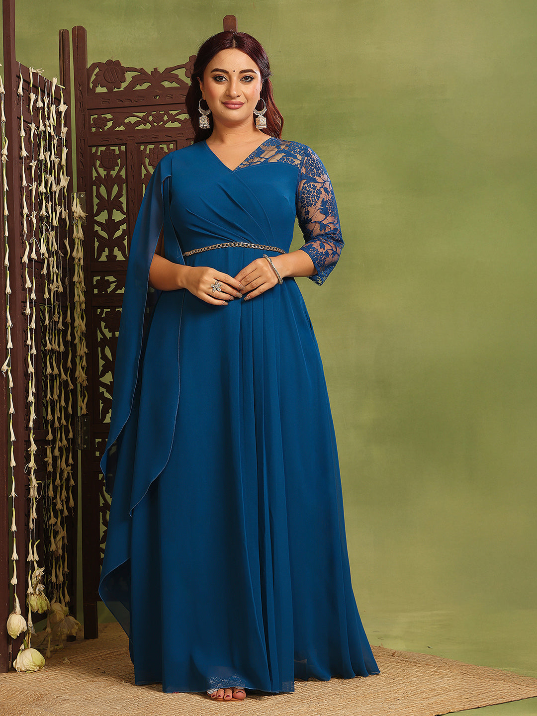 Women's Royal Blue V-Neck Asymmetric Embellished Maxi Georgette Dress
