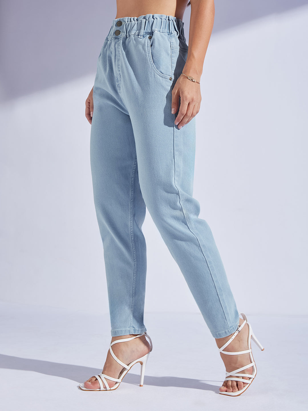 Women's Light Blue High-Rise Regular-Length Stretchable Denim Mom's Jeans