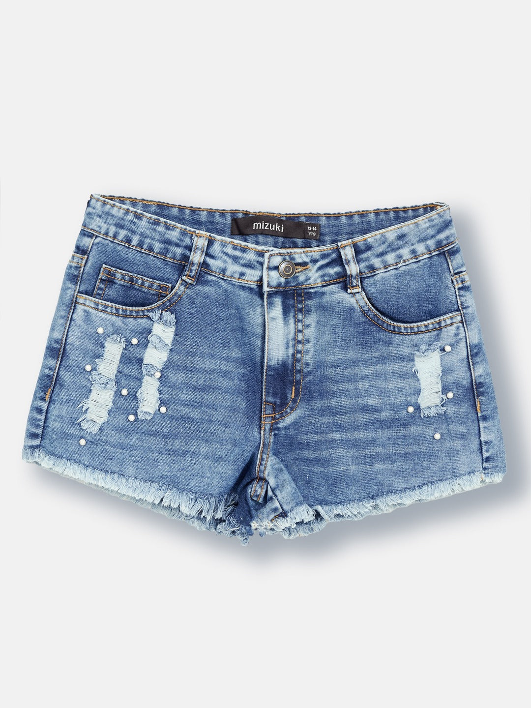 Dark Blue Relaxed-Fit Mid-Rise Highly-Distressed Regular-Length Denim Shorts for Girls/Teenagers